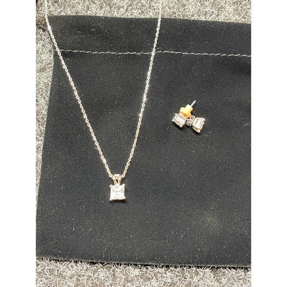 Jewelry - 925 Sterling Silver Princess Cut CZ Solitaire Necklace and Stud Earring Set